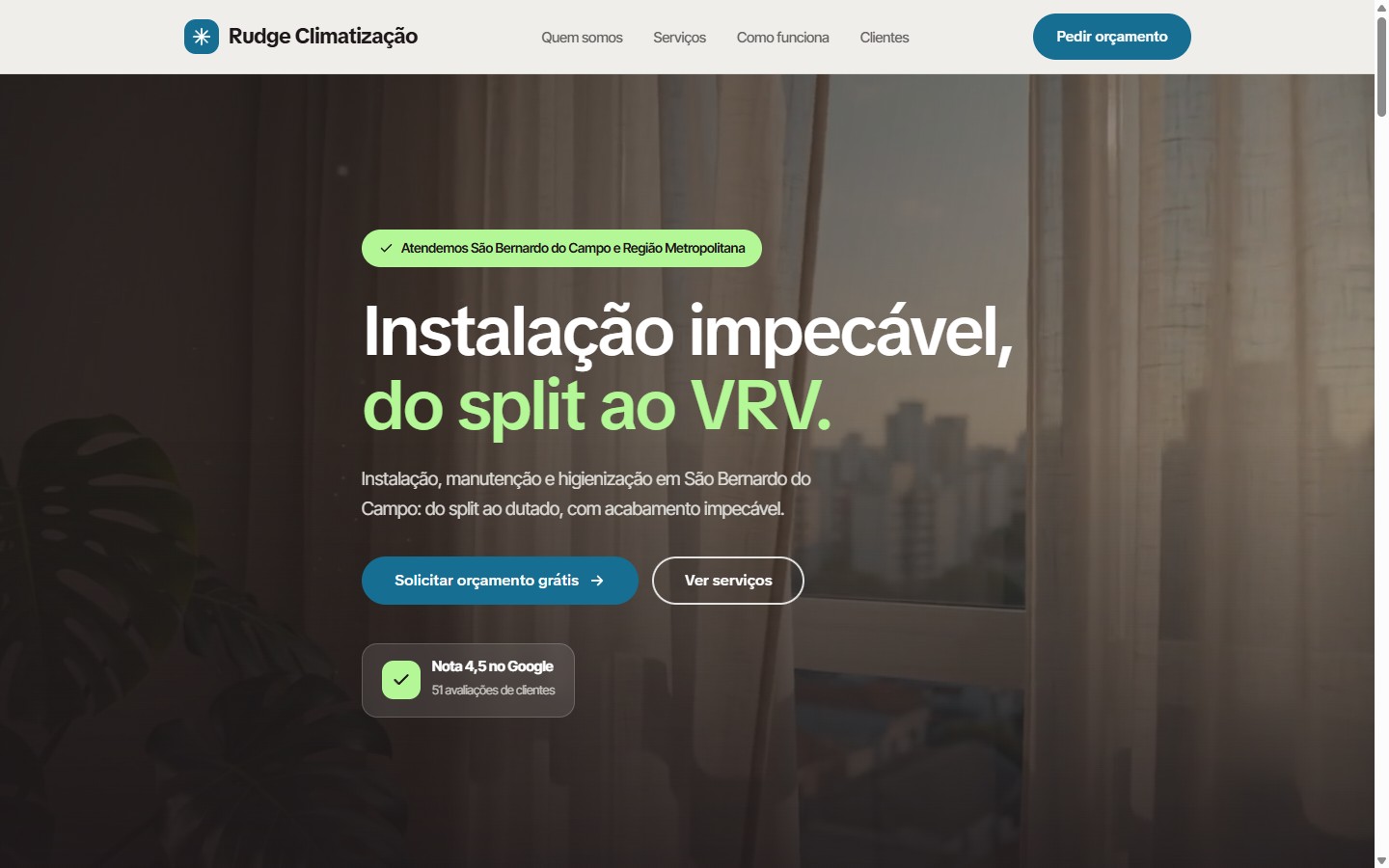 Página inicial do site da Rudge Climatização
