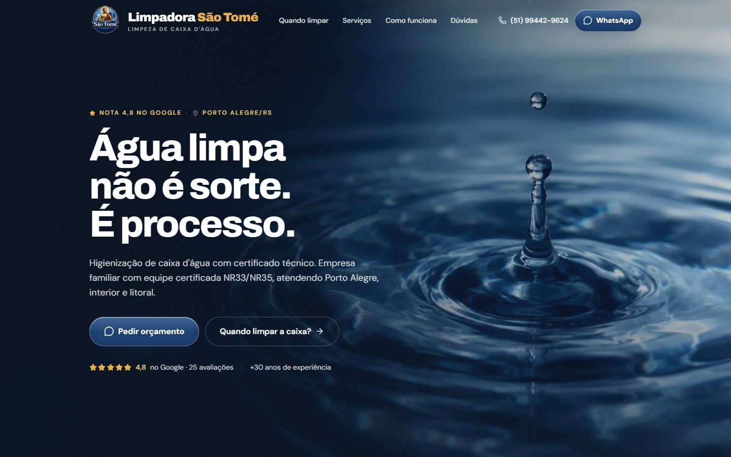 Página inicial do site da Limpadora São Tomé, com uma gota d'água caindo sobre a superfície